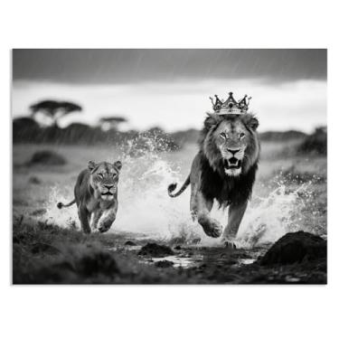 Imagem de Arte de parede em tela leão e leoa leões ferozes em uma tempestade impressão preto e branco animal casal decoração de parede para quarto decoração de escritório 80 x 60 cm (32 x 24 pol) sem moldura