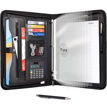 Imagem de Eshow Organizador de portfólio – fichário de 3 anéis com zíper, pasta de couro vegano com bloco de notas, inclui 10 protetores de folha transparentes para arquivos de documentos para homens e mulheres