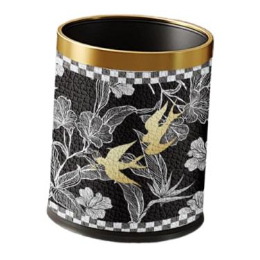 Imagem de YWJLQH Lixeira decorativa revestida em couro sintético, lixeira para quarto, escritório, sala de artesanato e sala de estar, Preto com Borda Dourada