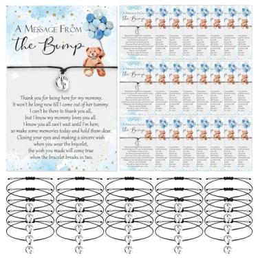 Imagem de Thyle Pulseiras ajustáveis de chá de bebê para convidados com mensagem da batida pegadas de cartão berloque pulseiras de chá de bebê para presentes de agradecimento revelação de gênero (conjunto com