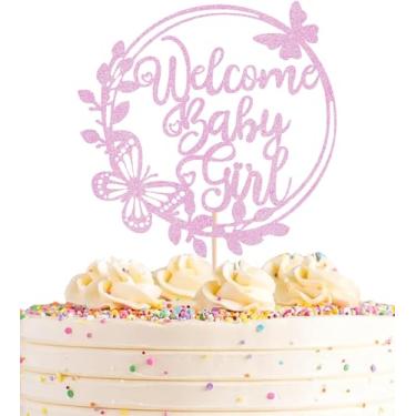 Imagem de AHAORAY Welcome Baby Girl Cake Topper - Decorações de bolo de chá de bebê com glitter rosa, topo de bolo de bebê, para chá de bebê/festa de aniversário/adereços de cabine de fotos de festa revelação