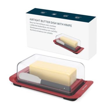 Imagem de KITCHENDAO Manteigueira Hermética Com Tampa E Faca, Suporte De Plástico Para Geladeira Bancada, Fácil Limpar, Lavável Na Máquina Lavar Louça, Bandeja Manteiga West/East Coast, Vermelha