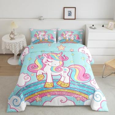 Imagem de Feelyou Jogo de cama casal de unicórnio, estampa de estrelas, arco-íris, edredom para meninas, edredom fofo de unicórnio, decoração de quarto de arco-íris, azul