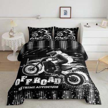 Imagem de Feelyou Conjunto de edredom de corrida de motocross tamanho casal para meninos e meninas, adolescentes, esportes radicais, conjunto de edredom preto, cinza e branco