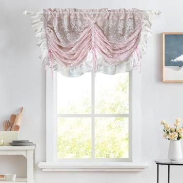 Imagem de Cortina de balão transparente de renda floral rosa levantável laço laço amarrado voile cortina de cozinha camadas filtragem de luz babados café pequena saia de janela para decoração de casamento bolso