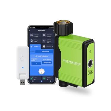 Imagem de GIEX Temporizador de irrigação WiFi, temporizador automático de irrigação de mangueira com medidor de fluxo integrado, controlador de irrigação inteligente para jardim e gramado, compatível com Tuya