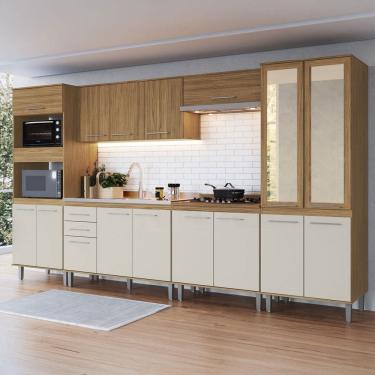 Imagem de Armário de Cozinha Elóra com Balcão para Pia e Cooktop 16 Portas 2 Gavetas Naturallle/Cristalo - Pnr Móveis