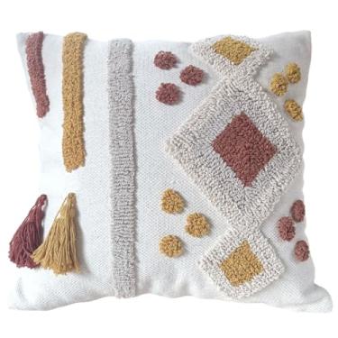 Imagem de NIDITW Capa de almofada Tufting 45,7 x 45,7 cm, listra geométrica, boêmia, luxuosa, decoração de casa, jacquard bordada, com borlas feitas à mão, macia e fofa para sofá de fazenda (amarelo listrado)