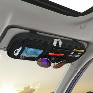 Imagem de Organizador de viseira de sol para carro, bolsa de armazenamento de bolso para carro, couro PU, caminhão, SUV universal com vários bolsos, bolsa com zíper para óculos de sol, documentos, cartões,