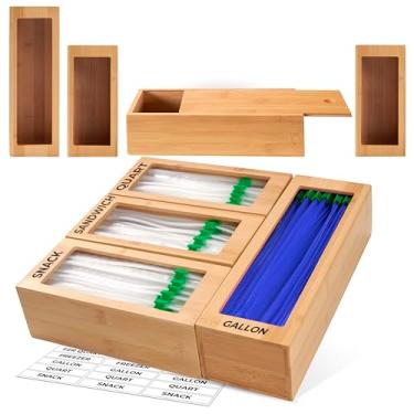 Imagem de Organizador de saco de armazenamento, organizador de sacos de bambu para gaveta, 4 caixas modulares com etiquetas, organizador de armazenamento de saco plástico, refil rápido da Woodenhouse