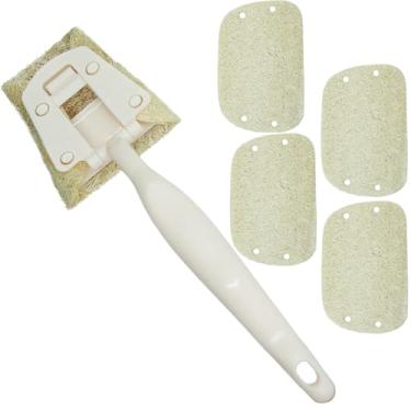 Imagem de Esponja de bucha natural com alça ergonômica - inclui 1 esfregão de bucha anexado + 4 almofadas substituíveis - ferramenta de limpeza de cozinha ecológica para lavar louça, limpador de panelas sem