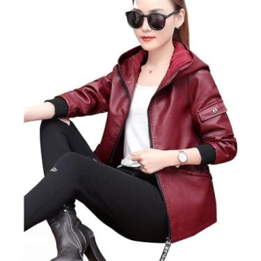 Imagem de Jaquetas De Couro Para Mulheres, Jaqueta De Couro Solta Grossa De Veludo Mais Feminino, Jaqueta De Couro Pu De Motocicleta De Outono E Inverno, Orange Red, XXL