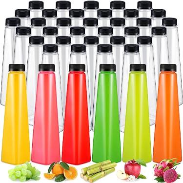 Imagem de Tanlade 100 garrafas de suco de plástico com tampas recipientes vazios reutilizáveis para bebidas descartáveis a granel com tampas pretas invioláveis para sucos, smoothie, bebidas (340 g)