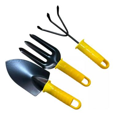 Imagem de Kit de Jardinagem 3 Peças, Pá, Garfo e Ancinho, Cabo Amarelo Antiderrapante