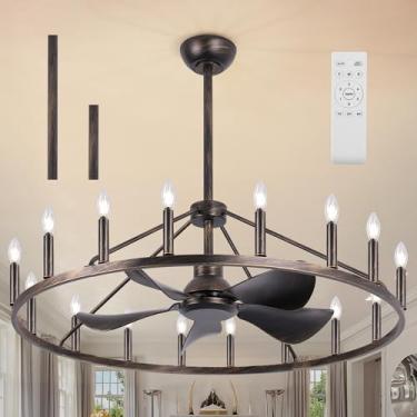 Imagem de KINGTORO Ventilador De Lustre Preto Retrô Grande De 44 Polegadas, Ventiladores De Teto Fandelier Com Luzes E Controle Remoto, Altura Ajustável, 6 Velocidades, Lustre De Roda De Carroça Para Sala De