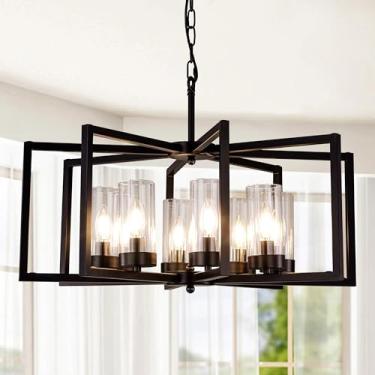 Imagem de Wellmet Lustre preto, lustres geométricos de casa de fazenda de 8 luzes para sala de jantar, luminária pendente moderna para hall de entrada, cozinha, ilha, entrada, moldura de metal com persiana de