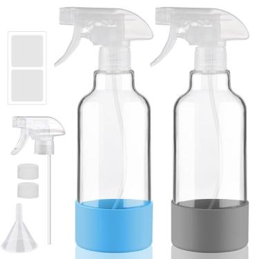 Imagem de Frascos de vidro com manga de silicone, pacote com 2 recipientes recarregáveis de 473 ml com bicos de spray ajustáveis, spray vazio para soluções de limpeza, cabelo, plantas (cinza, azul)
