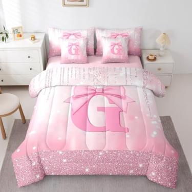 Imagem de Feelyou Jogo de cama infantil com laço rosa em uma bolsa, tamanho Queen, conjunto de edredom com inicial G personalizado com lençol de princesa com glitter, 7 peças, conjunto de cama para meninos e