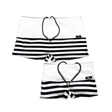 Imagem de Kit Pai e Filho Sunga Boxer Moda Praia Branca e Listras Preta Proteção UV-Masculino
