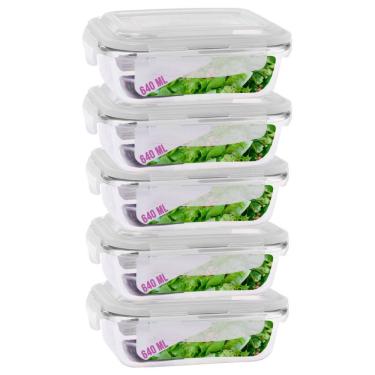 Imagem de Kit 5 Potes Vidro 640ml Hermetico Marmitas 4 Travas Resistente