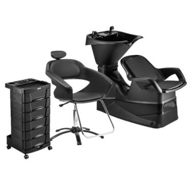 Imagem de Lavatório Reclinável Champ + Cadeira Primma + Carrinho Auxiliar Beauty Care Preto - Dompel
