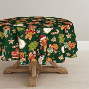 Imagem de Horaldaily Toalha de mesa redonda de Natal de 152 cm x 152 cm, luva de homem de gengibre, árvores, boneco de neve, lavável para decoração de festa, piquenique, jantar