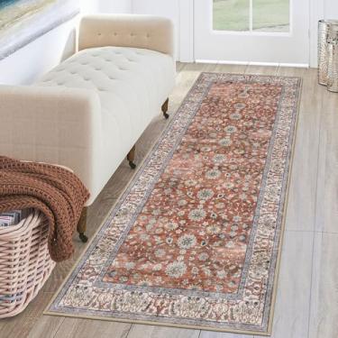 Imagem de KUTA Tapetes de terracota para corredores 5 x 15 cm, tapete floral vintage, antiderrapante, lavável, tapete de cozinha, ultrafino, macio, estampado, retrô, desgastado, tapete de entrada para quarto