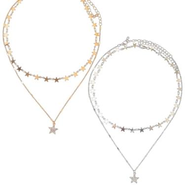 Imagem de SUNNYCLUE 1 caixa e 4 conjuntos de colar de estrelas, colar de estrela dourada, em camadas, liga dourada, prata, gargantilha grossa, moda, estrelas, conjuntos de colares para mulheres, adultos, Natal