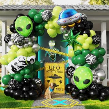 Imagem de Enanal Kit de arco de balão de Halloween alienígena de 154 peças - Balões de látex verde preto e prata com balões alienígenas, OVNI/vaca/explosão para decorações de Halloween alienígenas, aniversário