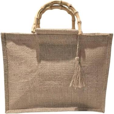 Imagem de Bolsa de Juta com Alça de Bambu, Grande 36x28x14cm, Bege, com Zíper e Tassel
