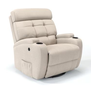 Imagem de Poltrona do Papai Reclinável Elétrica Giratória e Balanço em Linho Massagem (Bege)