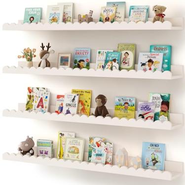 Imagem de Shario Prateleiras de livros de berçário, pacote com 4 prateleiras flutuantes brancas para parede infantil, prateleiras recortadas, prateleiras de livros de parede para quarto de crianças, quarto de