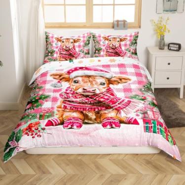 Imagem de Feelyou Jogo de cama solteiro com tema natalino fofo de vaca Highland para meninos meninas adolescentes árvore de Natal xadrez xadrez rosa branco moderno decoração de quarto (sem edredom