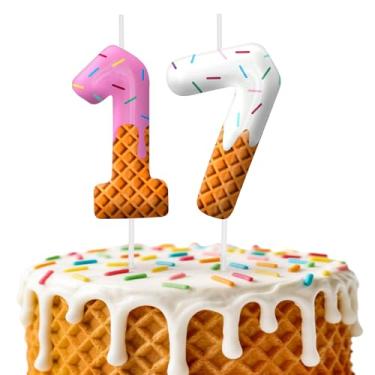 Imagem de Velas de aniversário de sorvete, decoração de topo de bolo de 6 cm, número 17 velas, decorações de aniversário, decorações de bolo de festa de aniversário, suprimentos de festa