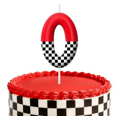 Imagem de Velas de aniversário de carro de corrida, decoração de topo de bolo de 6 cm, bandeira quadriculada número 0, decorações de aniversário, decorações de bolo de festa de aniversário, suprimentos de festa