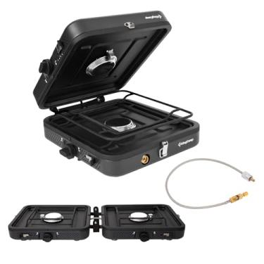 Imagem de KingCamp Fogão De Acampamento De 2 Bocas, Fogão Dobrável Portátil Com 20.000 Btu, Fogão De Acampamento Para Mochileiros Para Cozinhar Ao Ar Livre, 2 Queimadores Ajustáveis E Ignição Piezoelétrica Pa