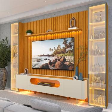 Imagem de Rack com Painel para Tv 84 Polegadas 100% Mdf com Led Pés em Madeira Maciça Nobre Clean/luminare Naturale/Off White