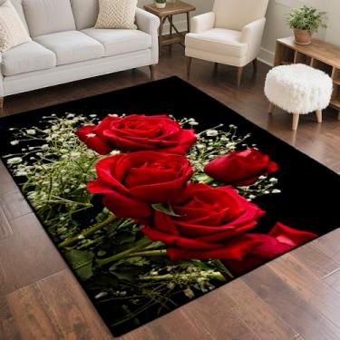 Imagem de Tapete floral moderno macio antiderrapante lavável baixo tapete para quarto, sala de estar, entradas 10 x 1,8 m tapete pequeno (rosa vermelha)