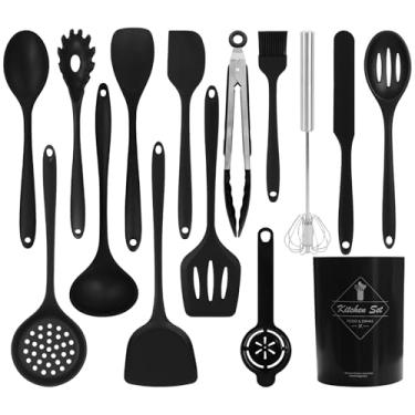 Imagem de CQKEDMA Conjunto de utensílios de cozinha de silicone, 15 peças, conjunto de utensílios de cozinha resistentes ao calor, 230 °C, para panelas antiaderentes com suporte, espátula, espátula, escova