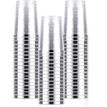 Imagem de Kit 25/50 Copos Acrílico 10oz/300ml Lavável Descartável Cristal,copo transparente com borda prata(50)