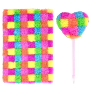 Imagem de Biiange Caderno de pelúcia, conjunto de cadernos fofos, diário de pelúcia arco-íris, para meninas e adolescentes, bloco de anotações felpudo A5 forrado com 160 páginas (1 conjunto, grade arco-íris)