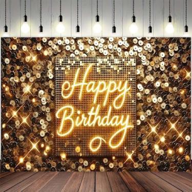 Imagem de ALELCJY Fundo de parede quadrado dourado flash para fotografia dourado feliz aniversário glitter lantejoulas fundo brilhante doce menina 16, 18, 20, 30, 40 anos, decoração de festa (ouro, 1,5 x 0,9 m)