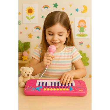 Imagem de Kit Teclado Musical Infantil com Microfone, 25 Teclas, Plástico ABS, Função Gravação e Replay, 4 Ritmos, 3 Sons de Tambores, para Crianças Acima de 3 Anos, Azul ou Rosa (Rosa)