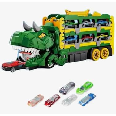 Imagem de Caminhão Transportador de Carros Dinossauro T-Rex, Verde e Amarelo, Brinquedo Infantil com 12 Mini Carros, Colecionável
