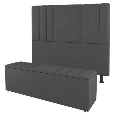 Imagem de Kit Cabeceira e Baú Cama Box Queen Size Grace 160cm Suede Cinza Escuro - Desk Design