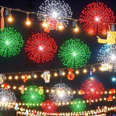 Imagem de Tujoe Pacote com 6 luzes de fogos de artifício 225 LED fio de cobre esfera suspensa operada por bateria com controle remoto, decorações de teto de estrelas de 8 modos para festas de Natal e casamento