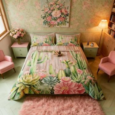 Imagem de Conjunto de capa de edredom de cacto para crianças, meninos, capa de edredom rústica para porta de celeiro, tamanho Queen, estilo flores do deserto tropical, sudoeste, verde, suculenta, decoração de