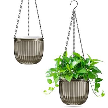 Imagem de Halatool Pacote com 2 vasos de flores auto-irrigáveis para plantas de interior - vasos de flores pendurados ao ar livre de 16,5 cm com 2 chians de metal para decoração de parede de jardim e casa