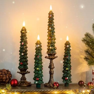 Imagem de LUSHARBOR Velas de árvore de Natal, pacote com 4 velas afuniladas sem chamas com controle remoto, operadas com controle remoto, vela de LED falsa, temporizador de ano novo, celebração doméstica