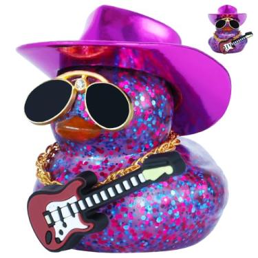 Imagem de Chapéu de cowboy a laser faça você mesmo, pato de borracha com guitarra - decoração de painel de carro roxo com glitter, brinquedo para alívio de estresse com chapéu, óculos, colar e fita adesiva para